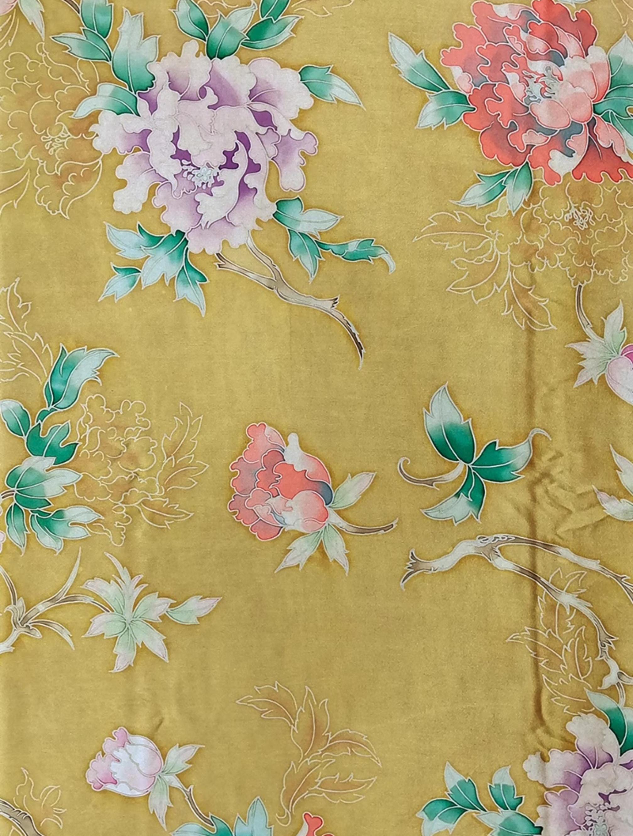GYJDMD - Yellow Handmade 40 Momme Painted Peony Mud Silk Satin Fabric - 112cm By the Yard