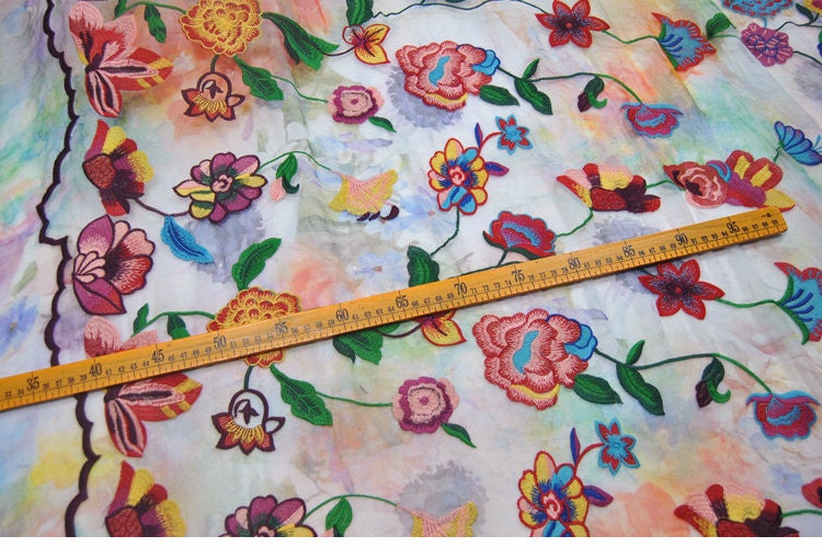 XIUAHA - Embroidered silk crinkled chiffon, multicolored flower, 53"/135cm 5.5mm, fashion silk fabric Dresses, skirts, carves, by the yard