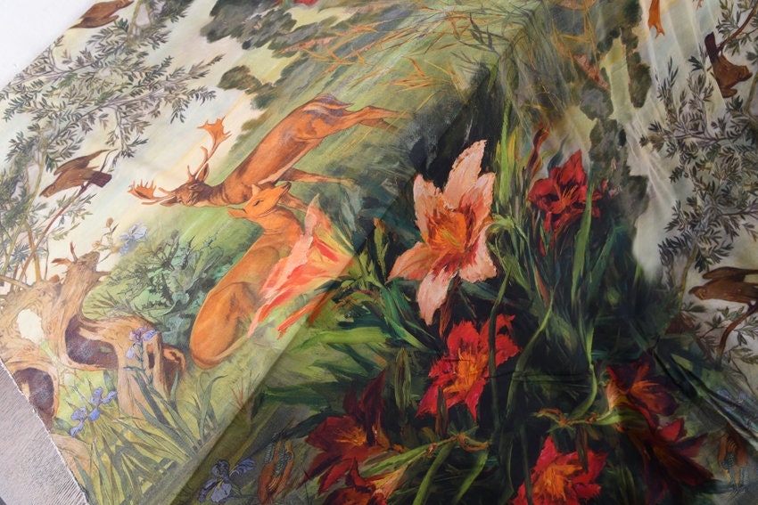LUBAIHE - Deer and Lilies Print Silk Crepe de Chine Fabric fixed size 140cm x 118cm - 4 fixed sizes