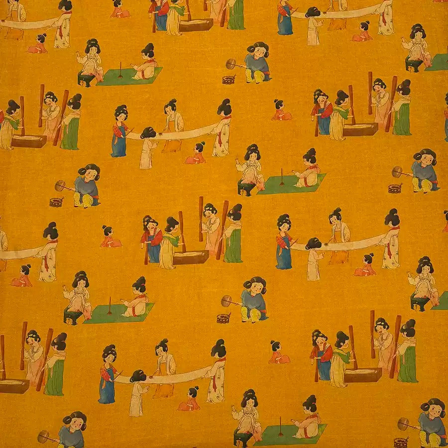 The image is a repeating pattern of various people engaged in different activities, all set against a yellow background.