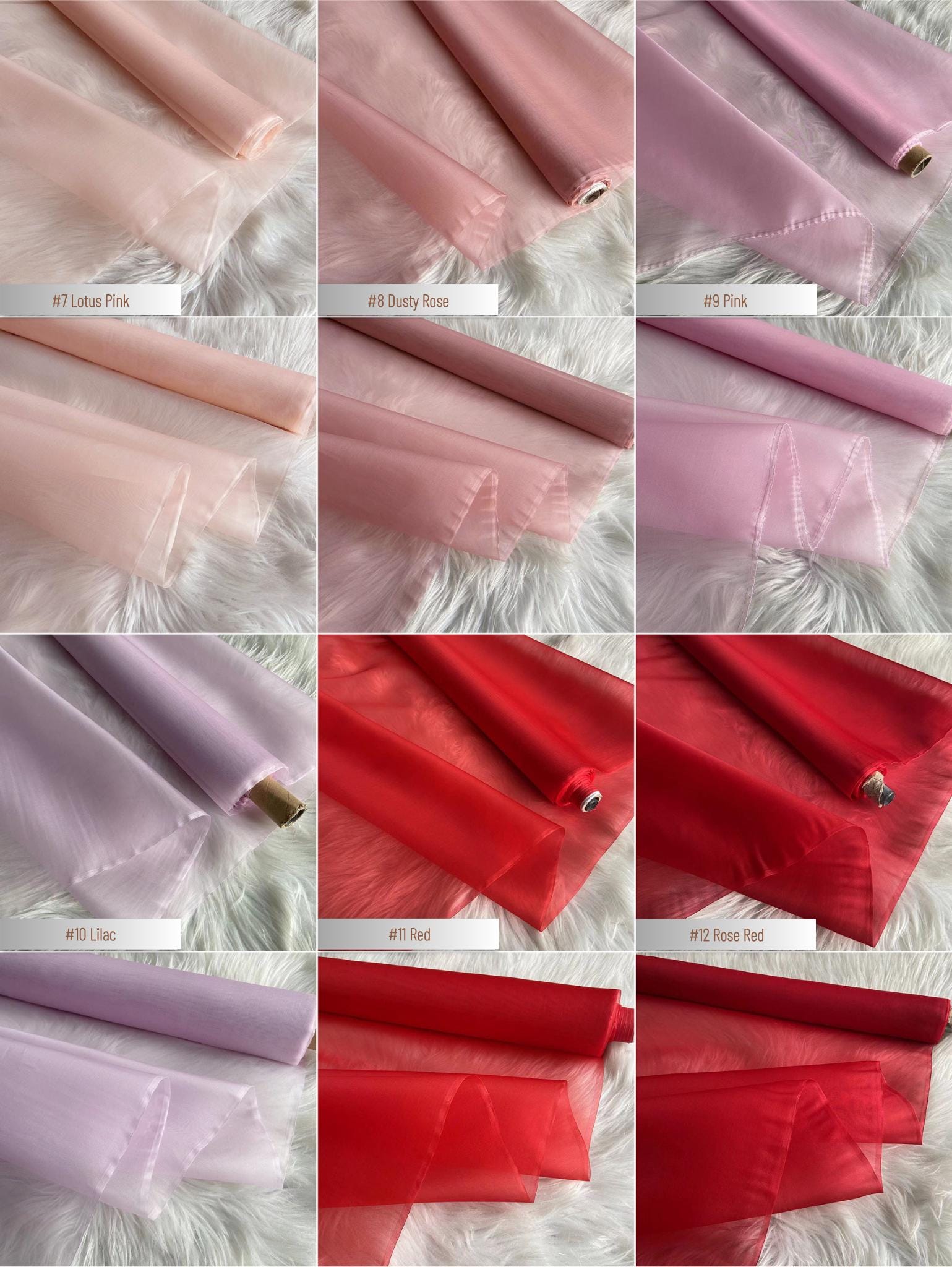 100% Silk Organza, 8 Momme 60 Solid Colors Silk Fabric, 140cm wide by the Yard or Meter