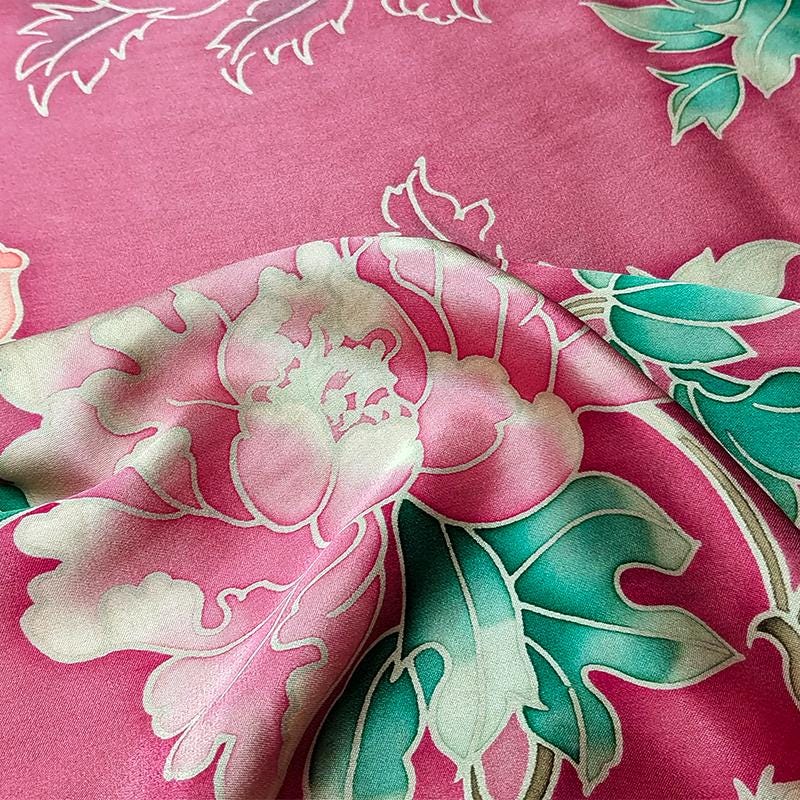 GYHDMD - Red Handmade 40 Momme Painted Peony Mud Silk Satin Fabric - 112cm By the Yard
