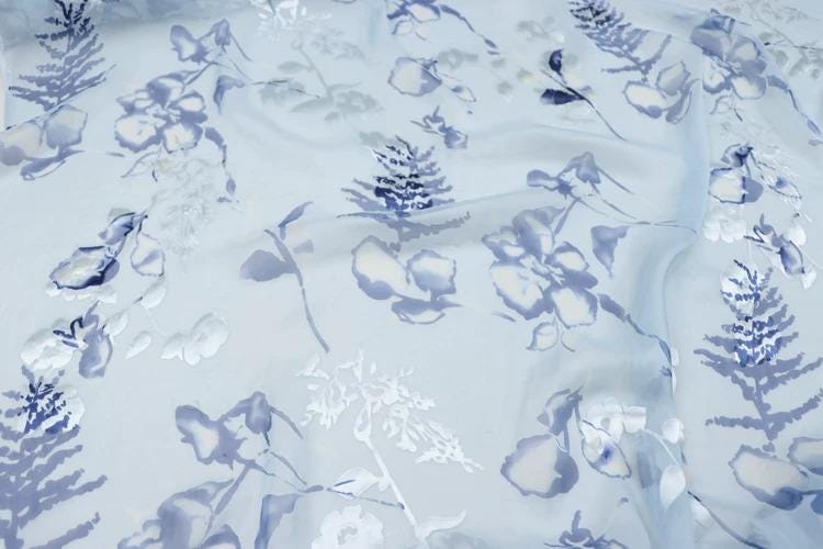 a close-up view of a fabric with a floral pattern in shades of blue and white. The pattern consists of various flower-like shapes and leaves, creating a visually appealing and intricate design. The fabric appears to be made of a soft, flowing material, which adds to the overall aesthetic of the image.