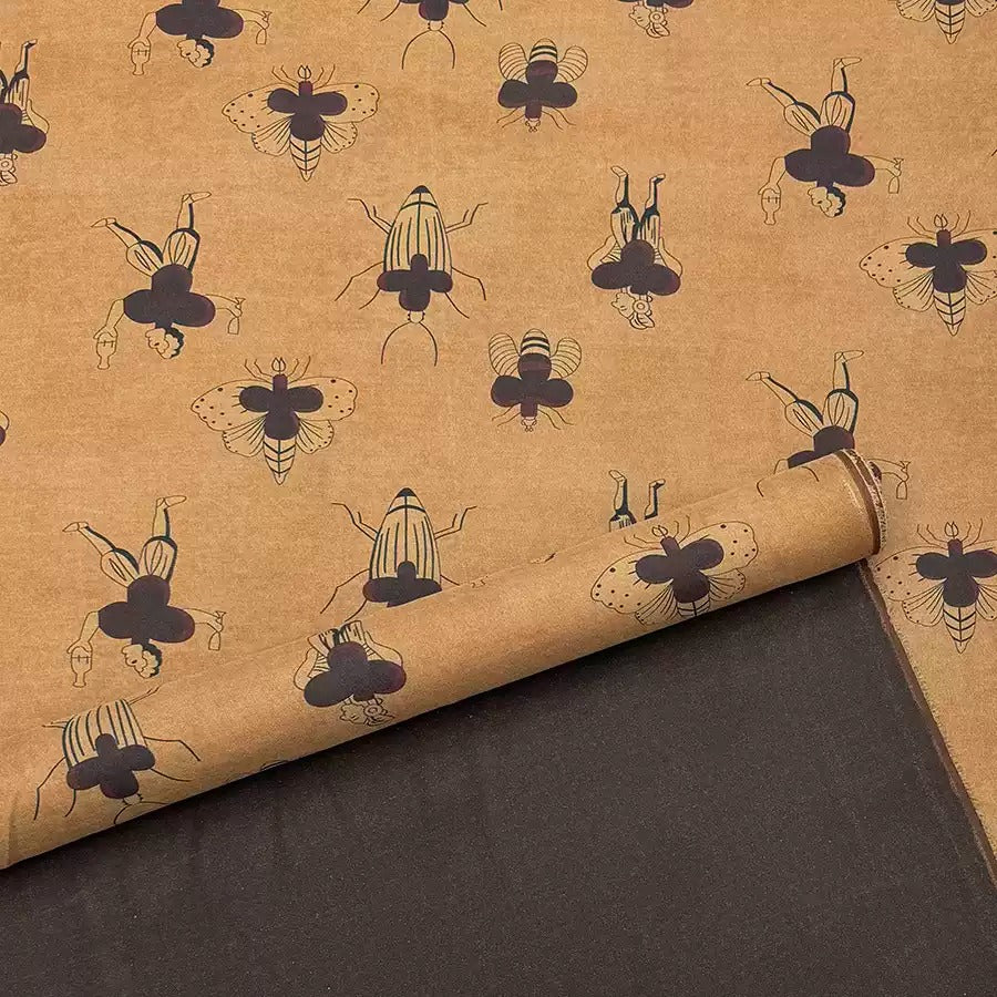 a repeating pattern of stylized insects or bugs on a beige background.