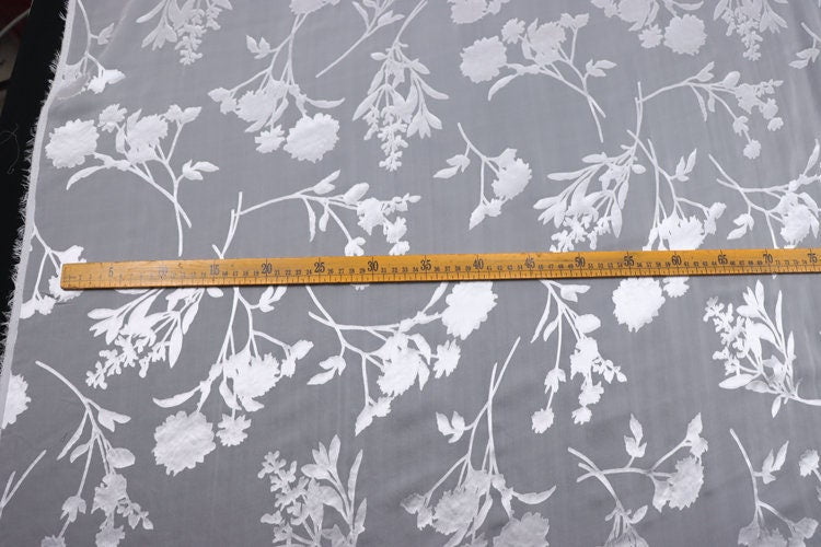 XLUZHI - 10 Momme White Flowers Sheer Burnout Silk Devore Satin Fabric - 140cm wide by the Yard
