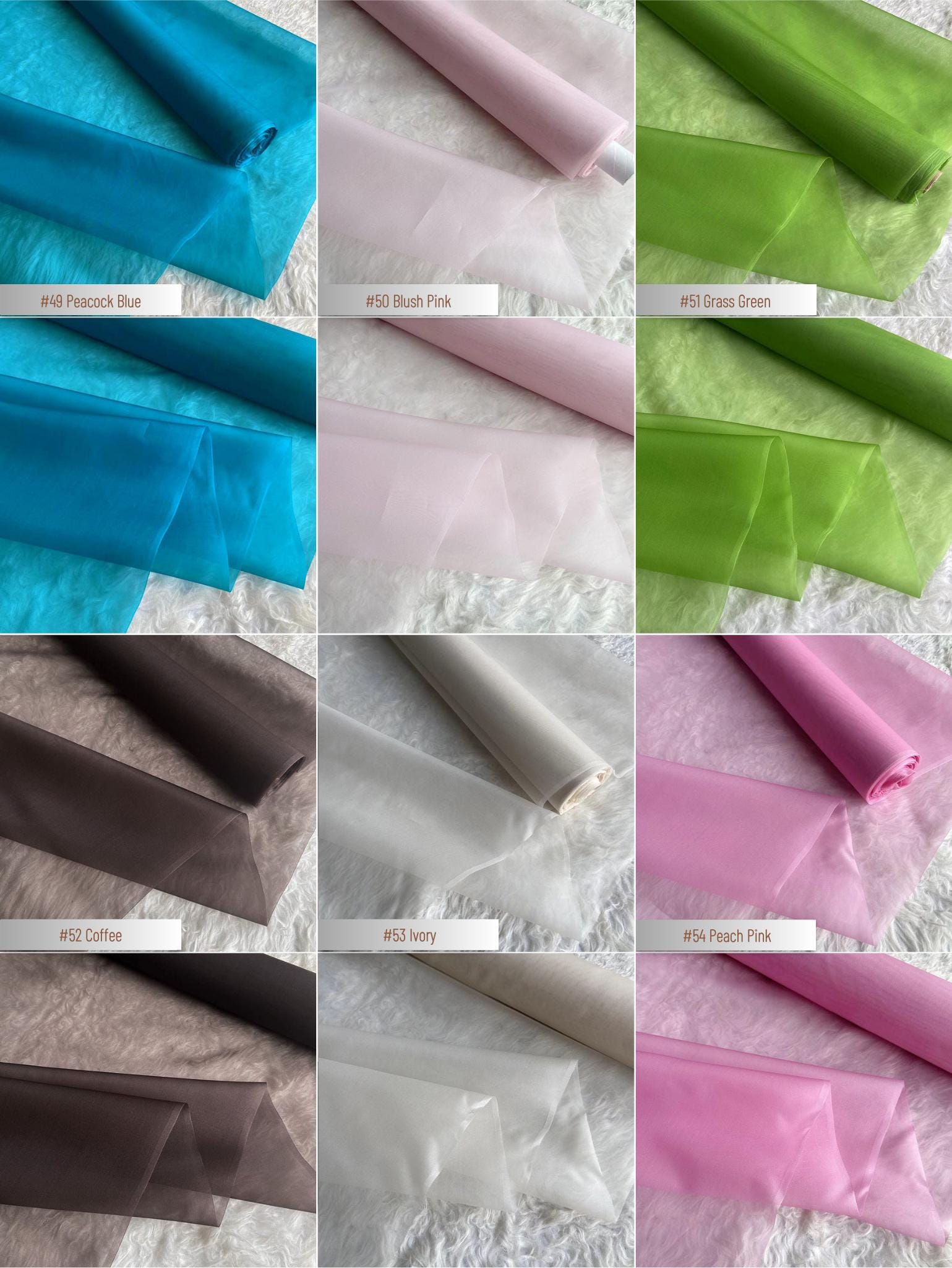 100% Silk Organza, 8 Momme 60 Solid Colors Silk Fabric, 140cm wide by the Yard or Meter