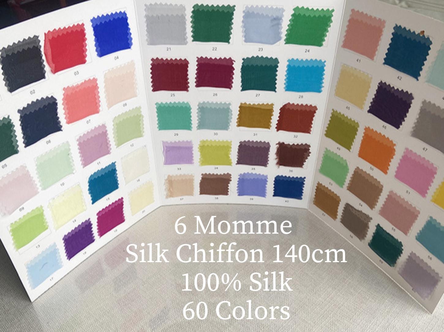 100% Silk Chiffon Fabric, 6 Momme 140cm wide by the Yard, 60 colors regular supply
