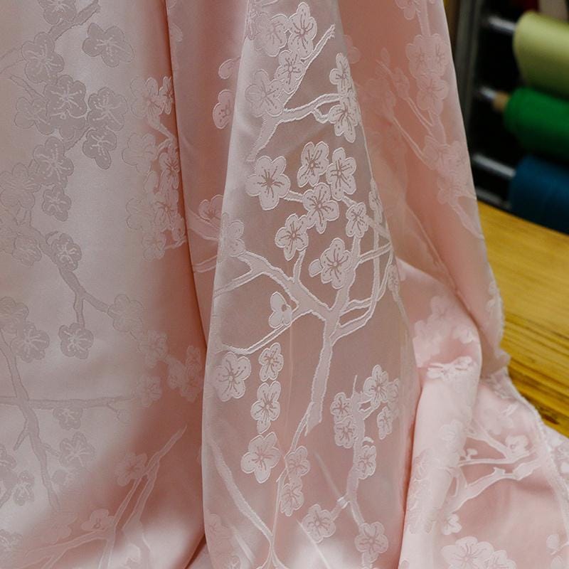 MKAIBX -  19 Momme Handmade Pink Plum Jacquard Sangbo Satin Silk Fabric - 135cm wide by the Yard