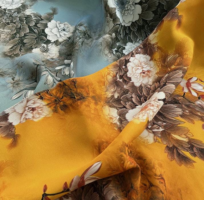 LHMUDSS - 38 Momme Both-sides-printing Peony Heave Georgette Silk Fabric - 138cm by the yard