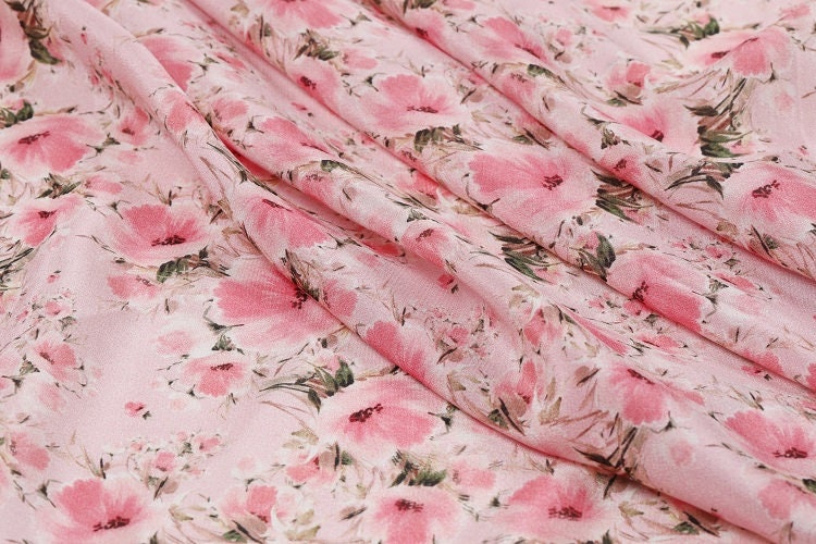 KFSYX - 8 Momme Pink floral print Silk Crepe de Chine Fabric - 138cm by the Yard
