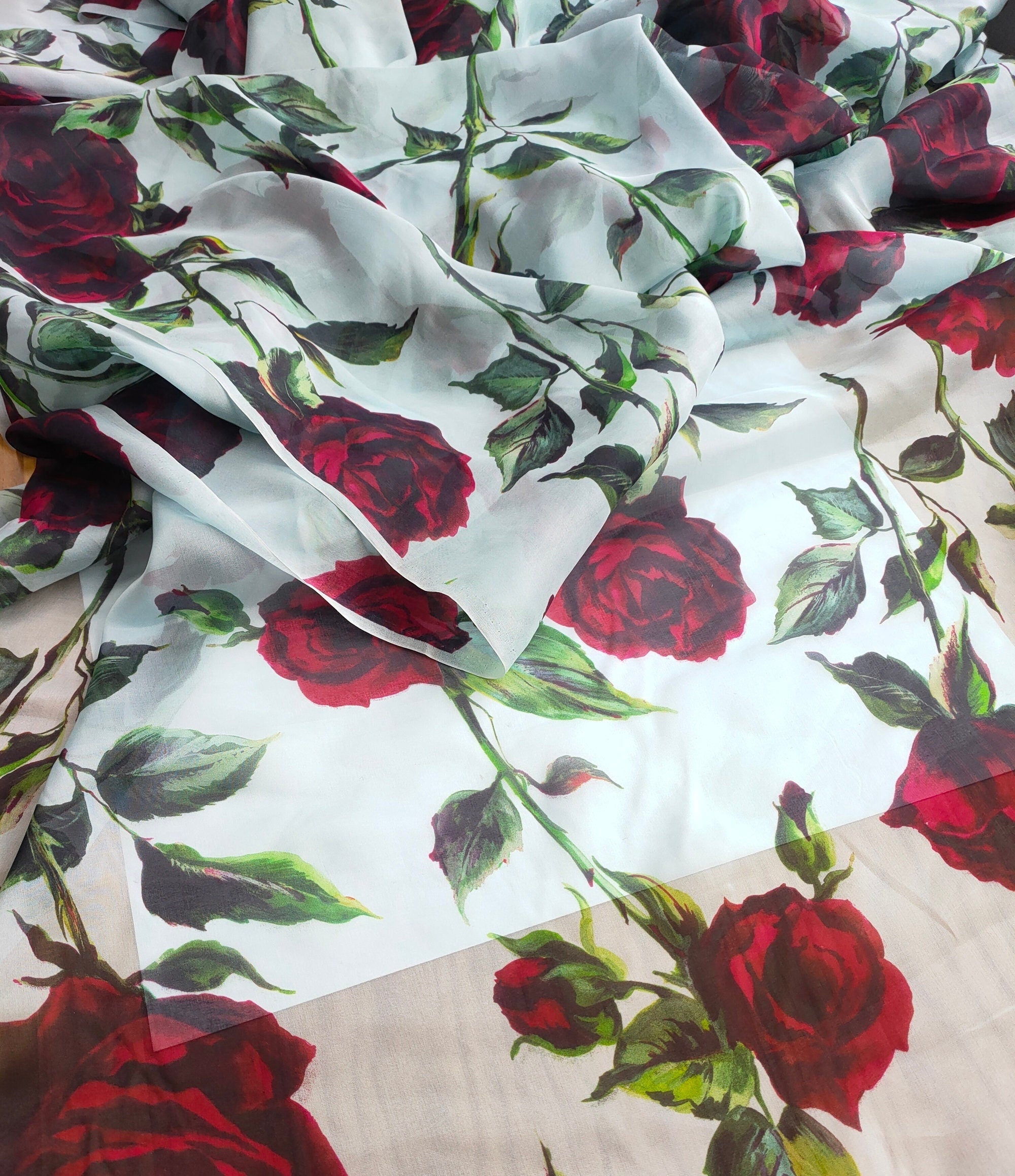 HONGMG - 10 Momme Red Rose on Light Blue Silk Chiffon Fabric - 130cm wide by the Yard