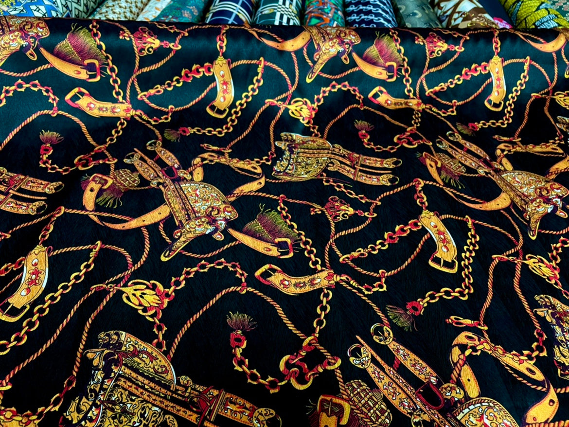 AIMADO - 19 Momme Retro Style Chain Pattern Digital Print Stretch Silk Satin Fabric - 140cm wide by the Yard