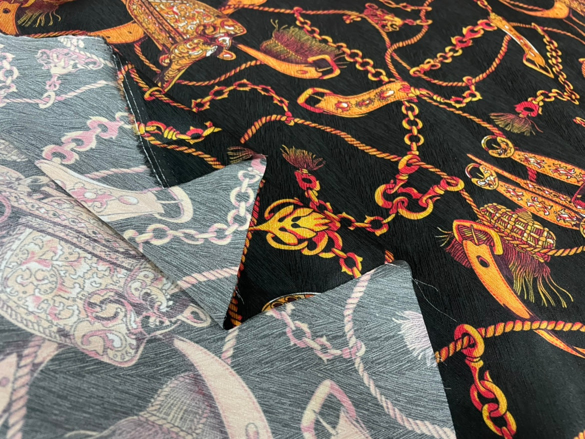 AIMADO - 19 Momme Retro Style Chain Pattern Digital Print Stretch Silk Satin Fabric - 140cm wide by the Yard