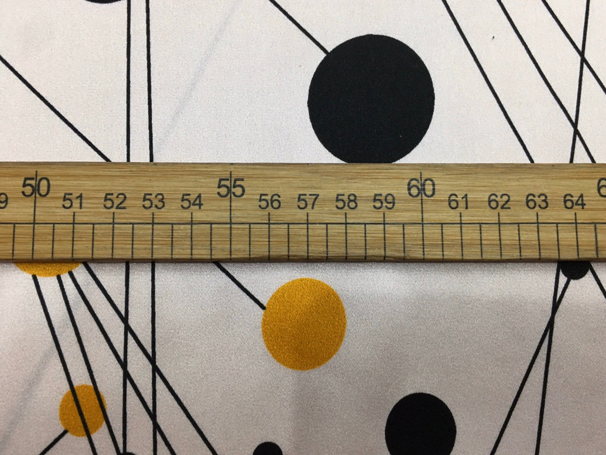 BADHEI - 19 Momme Irregular Lines of Black and Yellow Dots on White Background Pattern Digital Print Stretch Silk Satin Fabric - 108cm wide by the Yard
