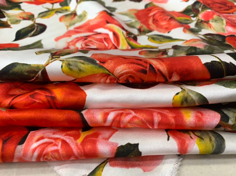 BIMEIG - 19 Momme Big Rose  Pattern Digital Print Stretch Silk Satin Fabric - 108cm wide by the Yard