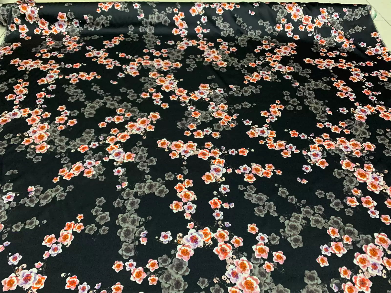 BLAMEI - 19 Momme Black Background Plum Blossom Pattern Digital Print Stretch Silk Satin Fabric - 108cm wide by the Yard