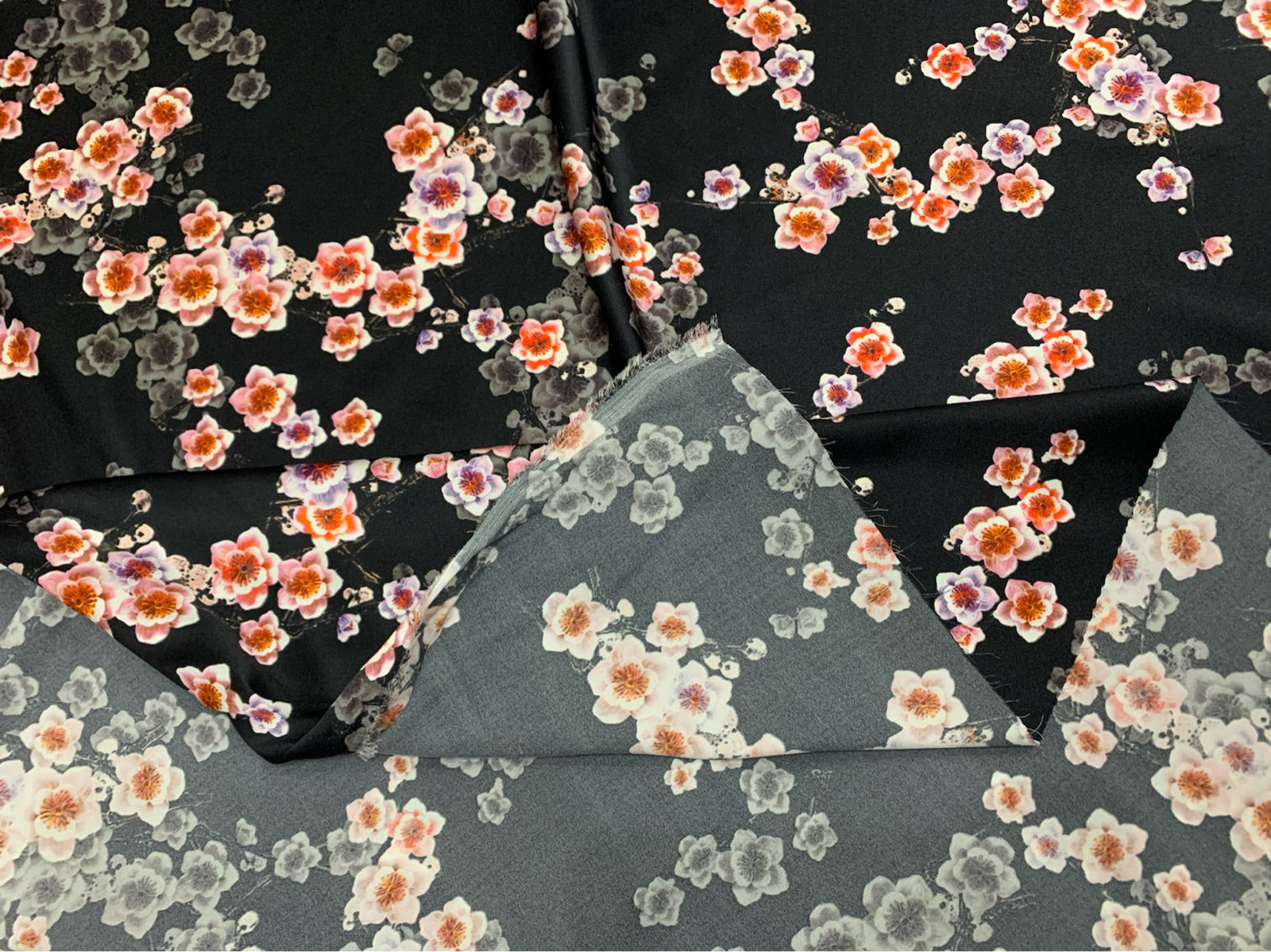 BLAMEI - 19 Momme Black Background Plum Blossom Pattern Digital Print Stretch Silk Satin Fabric - 108cm wide by the Yard