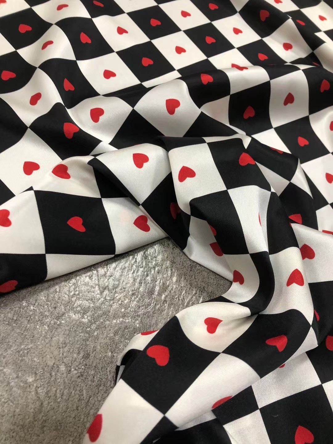 BUBAXG - 21 Momme Grid Love Digital Print Stretch Silk Satin Fabric - 140cm wide by the Yard