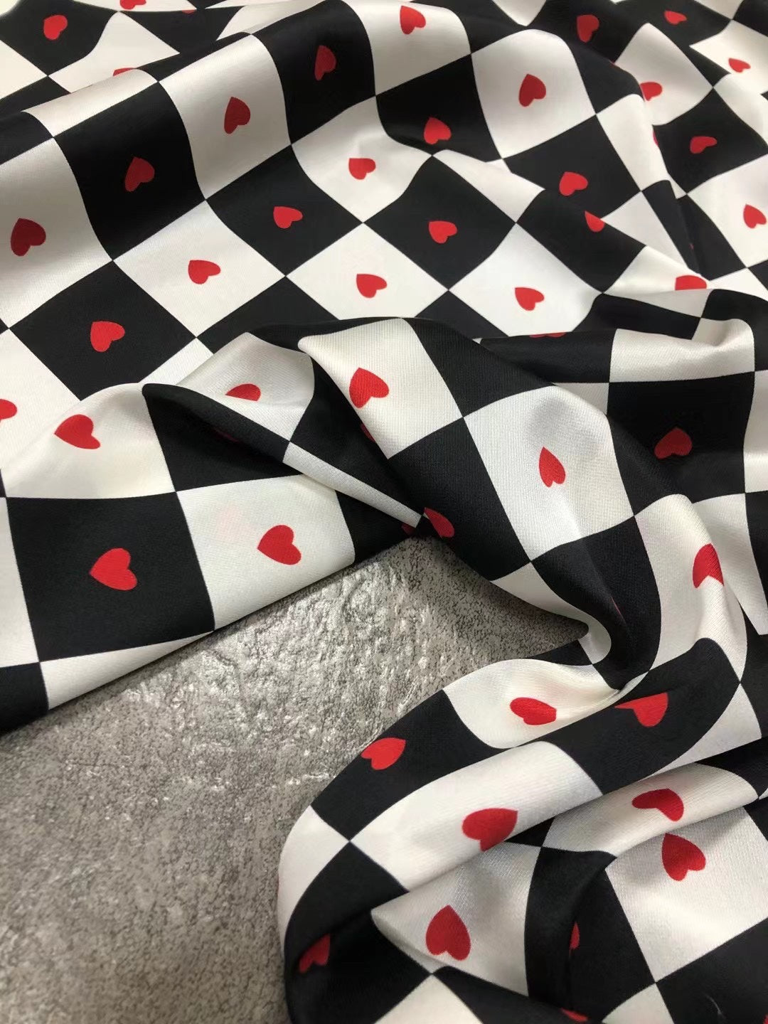 BUBAXG - 21 Momme Grid Love Digital Print Stretch Silk Satin Fabric - 140cm wide by the Yard