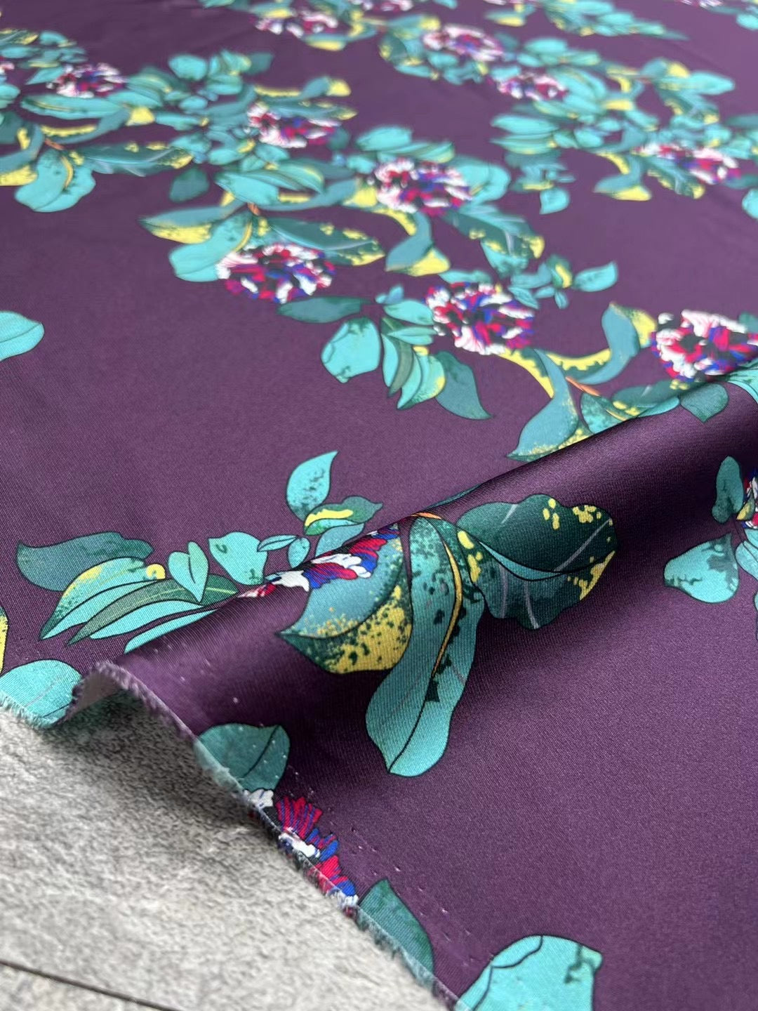 BUBAZH - 21 Momme Temperament Purple Digital Print Stretch Silk Satin Fabric - 140cm wide by the Yard