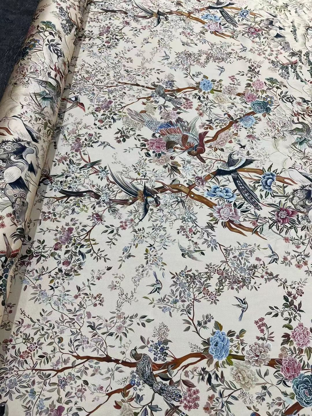 BUBFZL - 21 Momme Flower and Bird Painting Digital Print Stretch Silk Satin Fabric - 140cm wide by the Yard