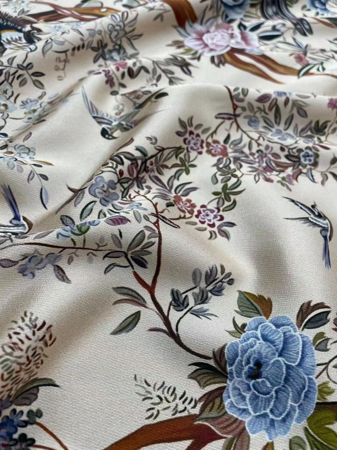 BUBFZL - 21 Momme Flower and Bird Painting Digital Print Stretch Silk Satin Fabric - 140cm wide by the Yard