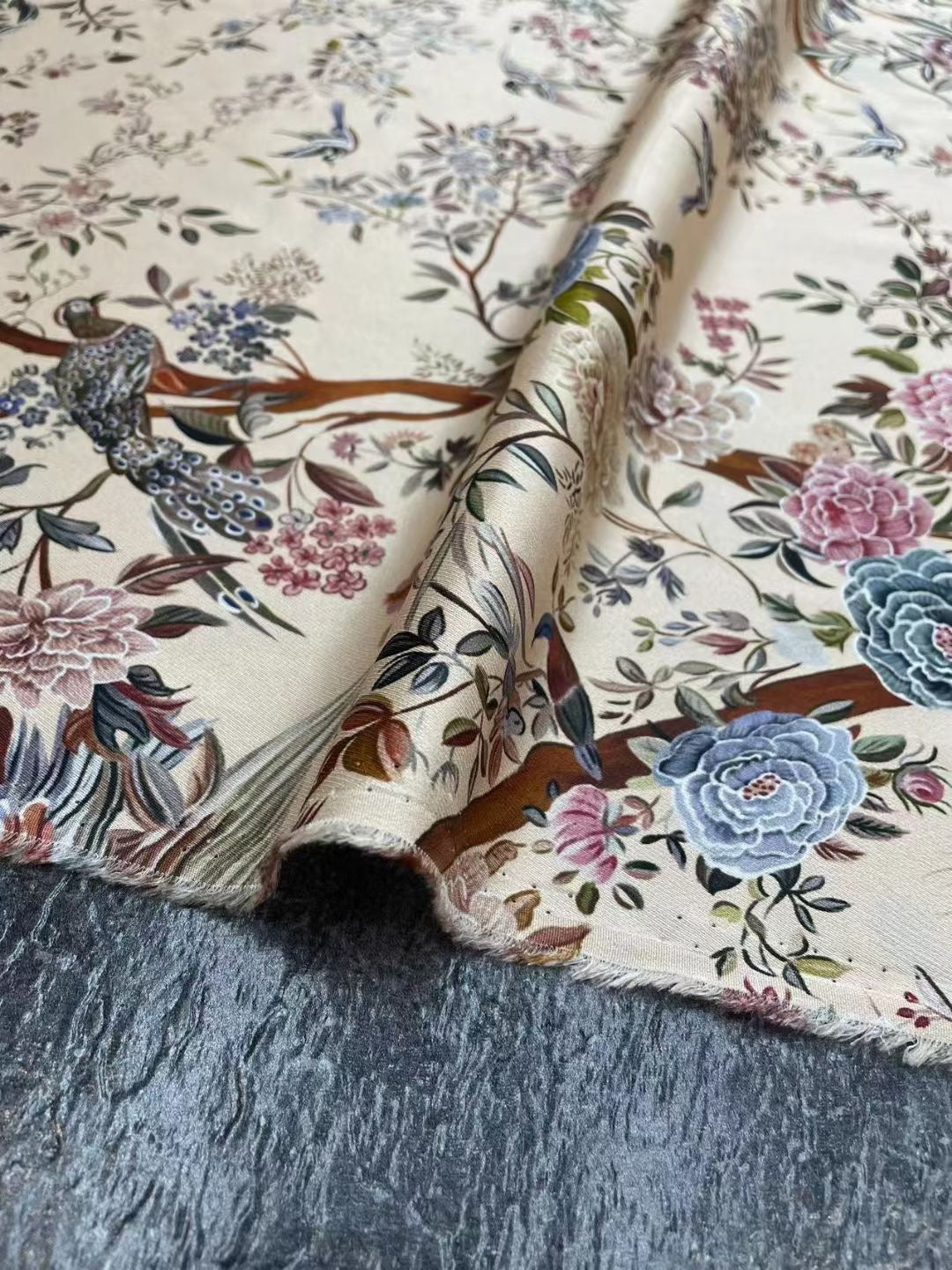 BUBFZL - 21 Momme Flower and Bird Painting Digital Print Stretch Silk Satin Fabric - 140cm wide by the Yard