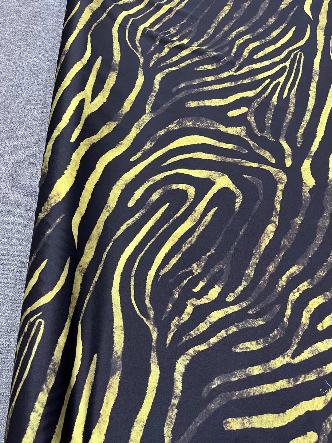BUBHDT - 21 Momme Black Background with Yellow Stripes Digital Print Stretch Silk Satin Fabric - 140cm wide by the Yard
