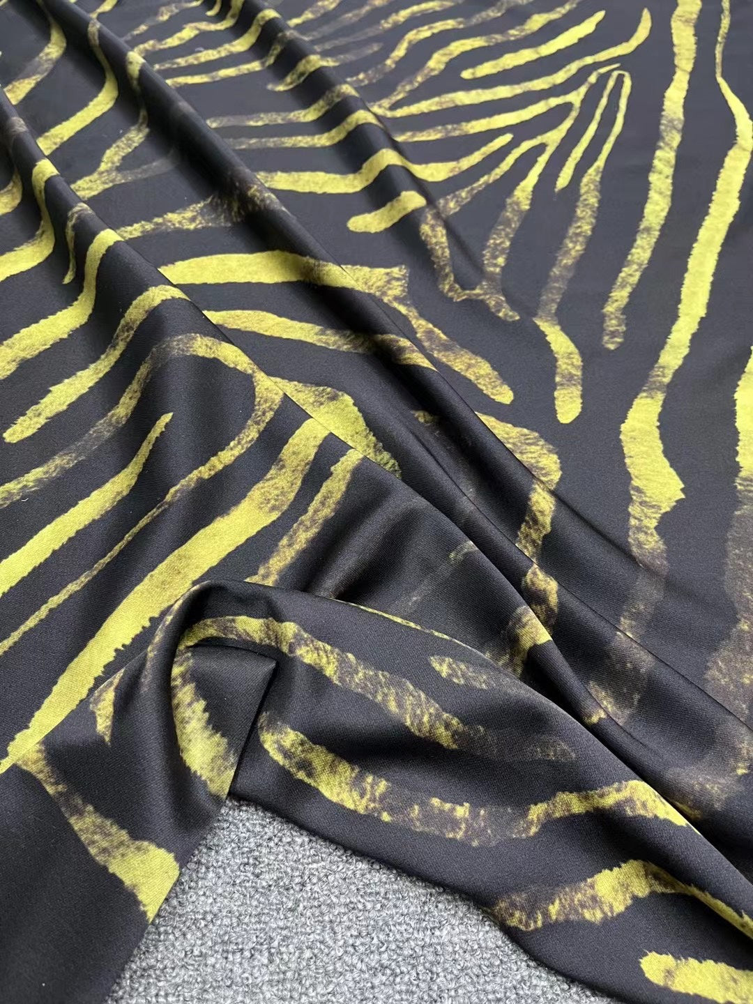 BUBHDT - 21 Momme Black Background with Yellow Stripes Digital Print Stretch Silk Satin Fabric - 140cm wide by the Yard