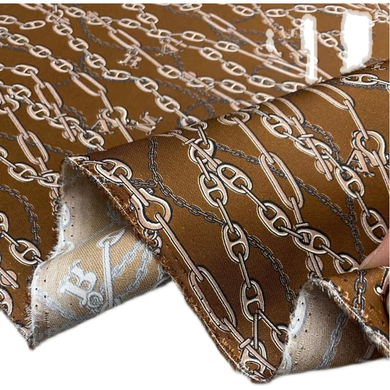 BUBHLT - 21 Momme Classic Chain Digital Print Stretch Silk Satin Fabric - 140cm wide by the Yard