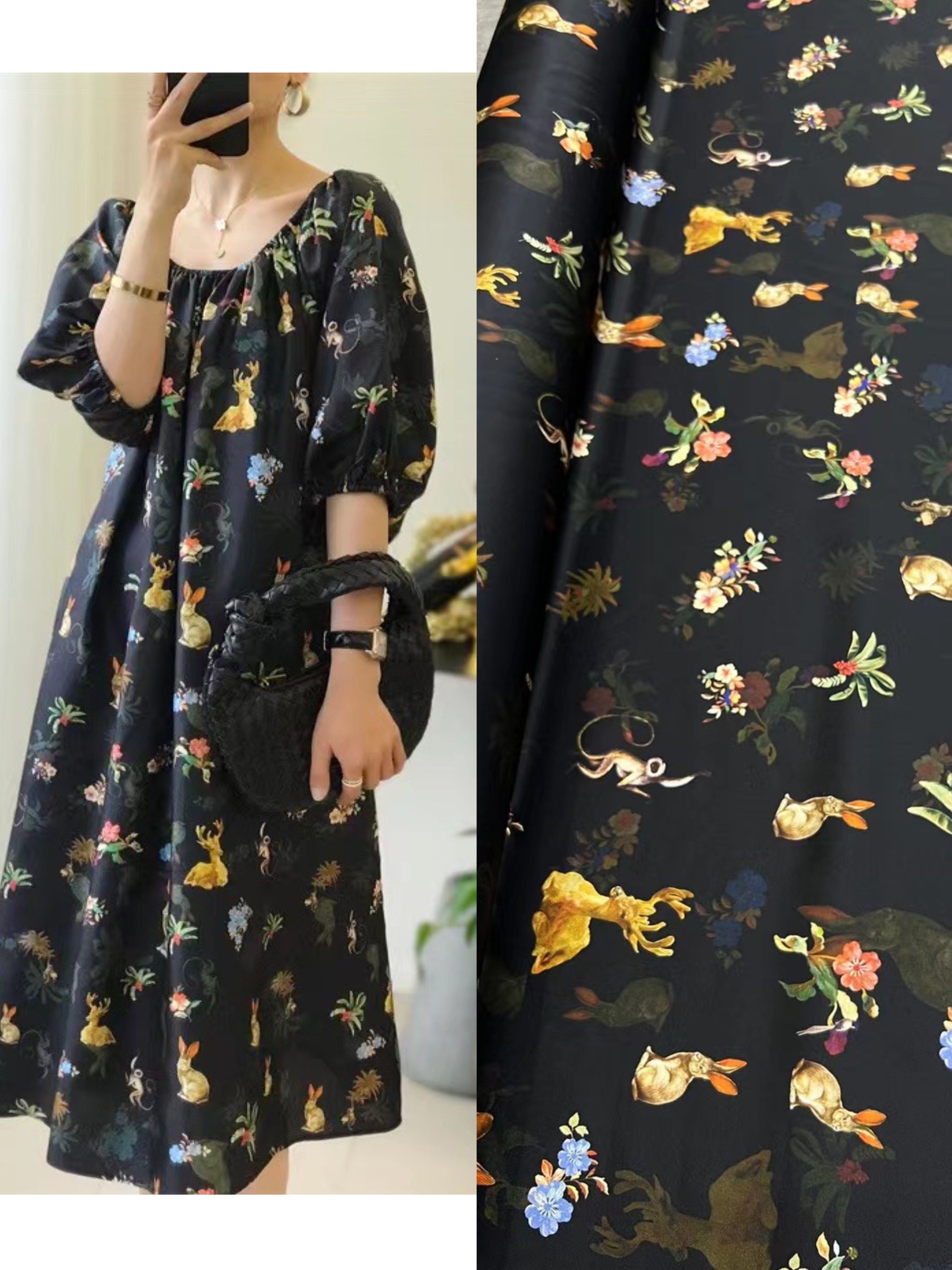 BUBHTZ - 21 Momme  Black Background Rabbit Digital Print Stretch Silk Satin Fabric - 140cm wide by the Yard