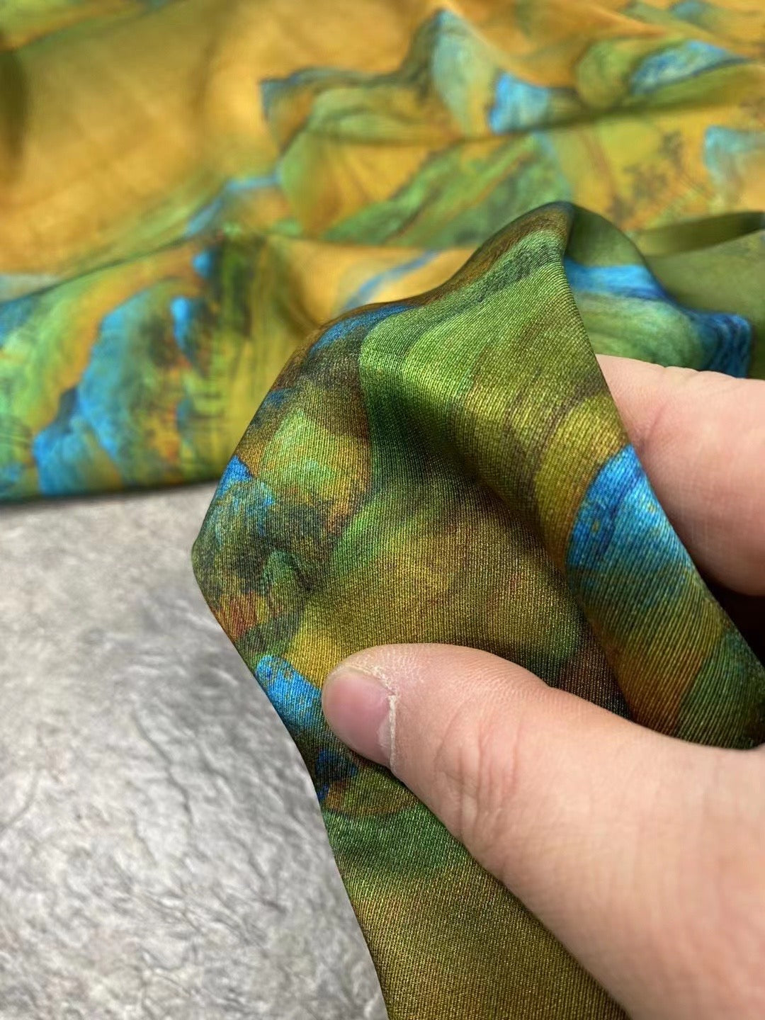 BUBJST - 21 Momme Ancient Style Thousand Miles of Rivers and Mountains Print Digital Print Stretch Silk Satin Fabric - 140cm wide by the Yard