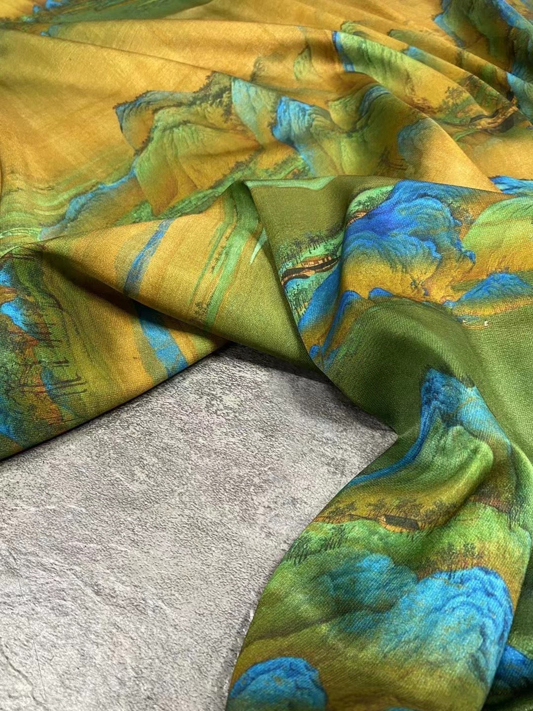 BUBJST - 21 Momme Ancient Style Thousand Miles of Rivers and Mountains Print Digital Print Stretch Silk Satin Fabric - 140cm wide by the Yard