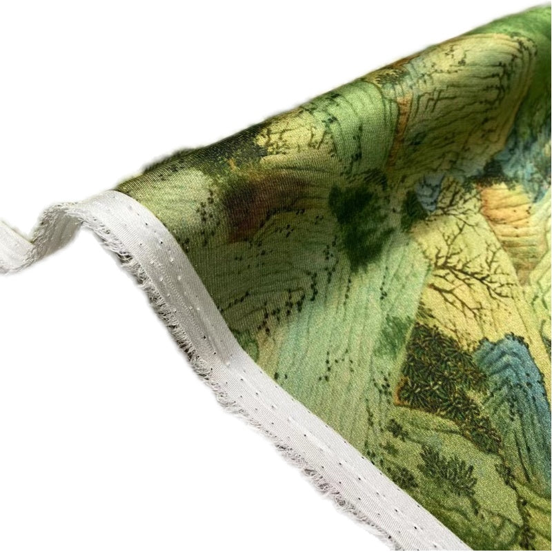 BUBLJS - 21 Momme Landscape Painting of Mountains and Rivers Digital Print Stretch Silk Satin Fabric - 140cm wide by the Yard