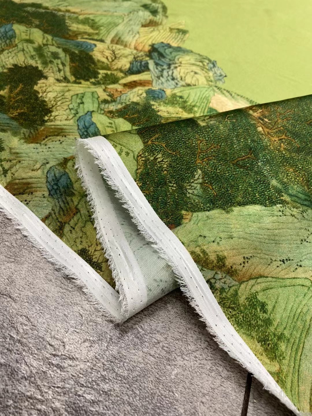 BUBLJS - 21 Momme Landscape Painting of Mountains and Rivers Digital Print Stretch Silk Satin Fabric - 140cm wide by the Yard