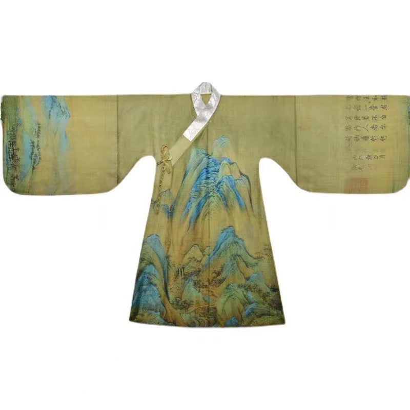 BUBLJS - 21 Momme Landscape Painting of Mountains and Rivers Digital Print Stretch Silk Satin Fabric - 140cm wide by the Yard