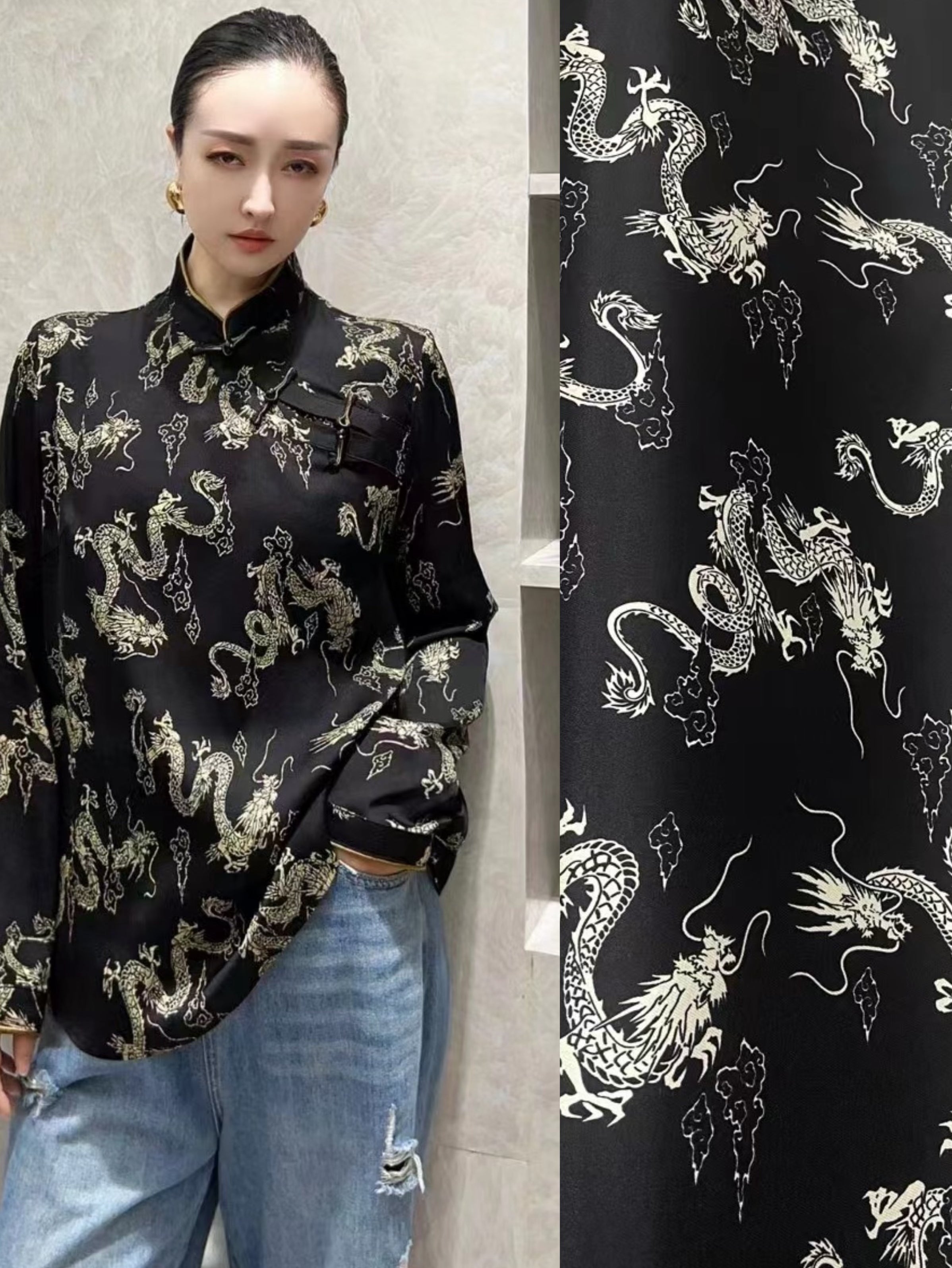 BUBLOW - 21 Momme Dragon Pattern  Digital Print Stretch Silk Satin Fabric - 140cm wide by the Yard