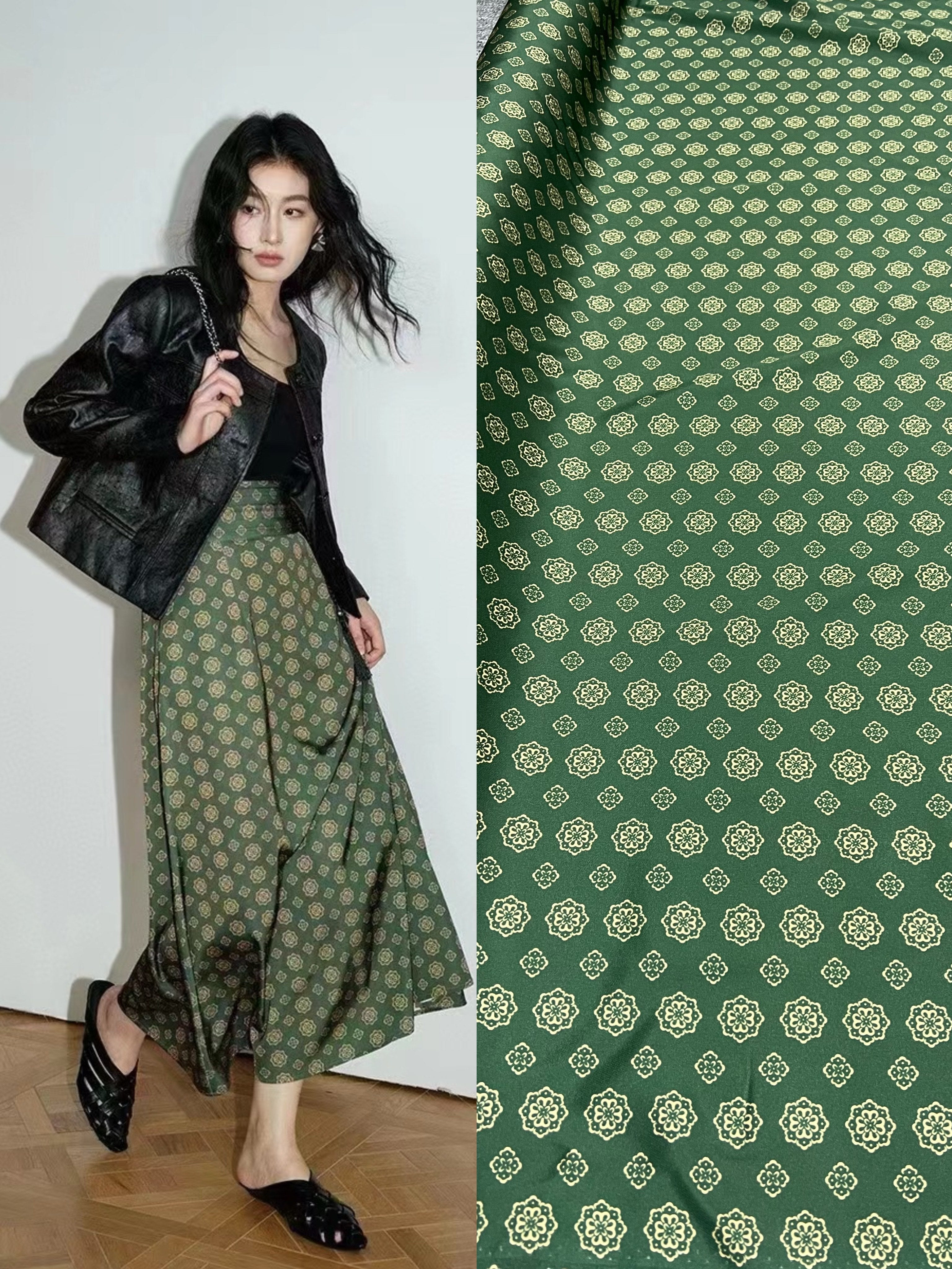 BUBLSJ - 21 Momme Green print Digital Print Stretch Silk Satin Fabric - 140cm wide by the Yard