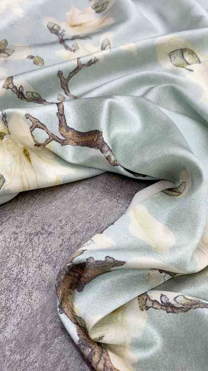 BUBLYL - 21 Momme Gray Blue Background Digital Print Stretch Silk Satin Fabric - 140cm wide by the Yard