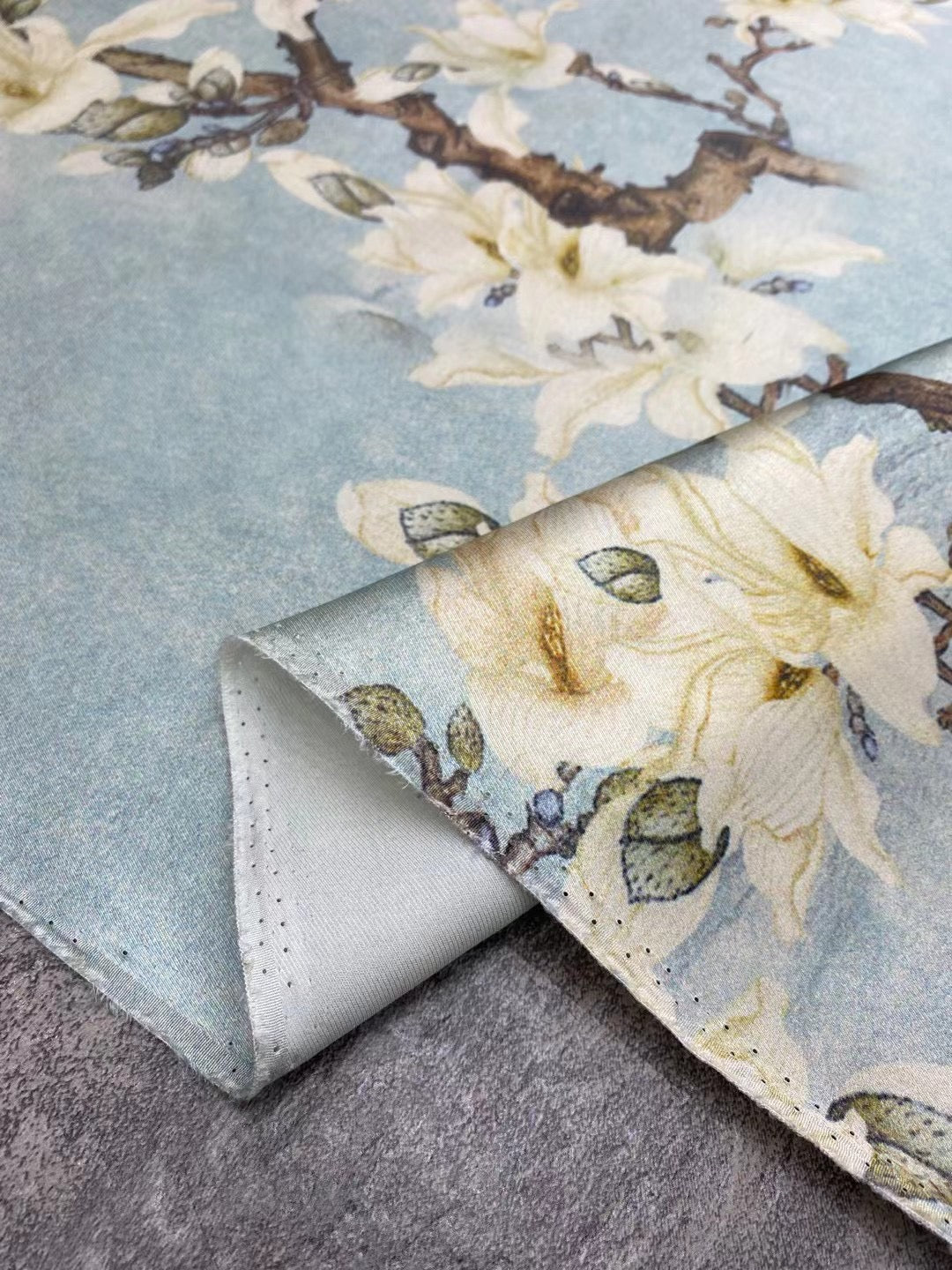 BUBLYL - 21 Momme Gray Blue Background Digital Print Stretch Silk Satin Fabric - 140cm wide by the Yard