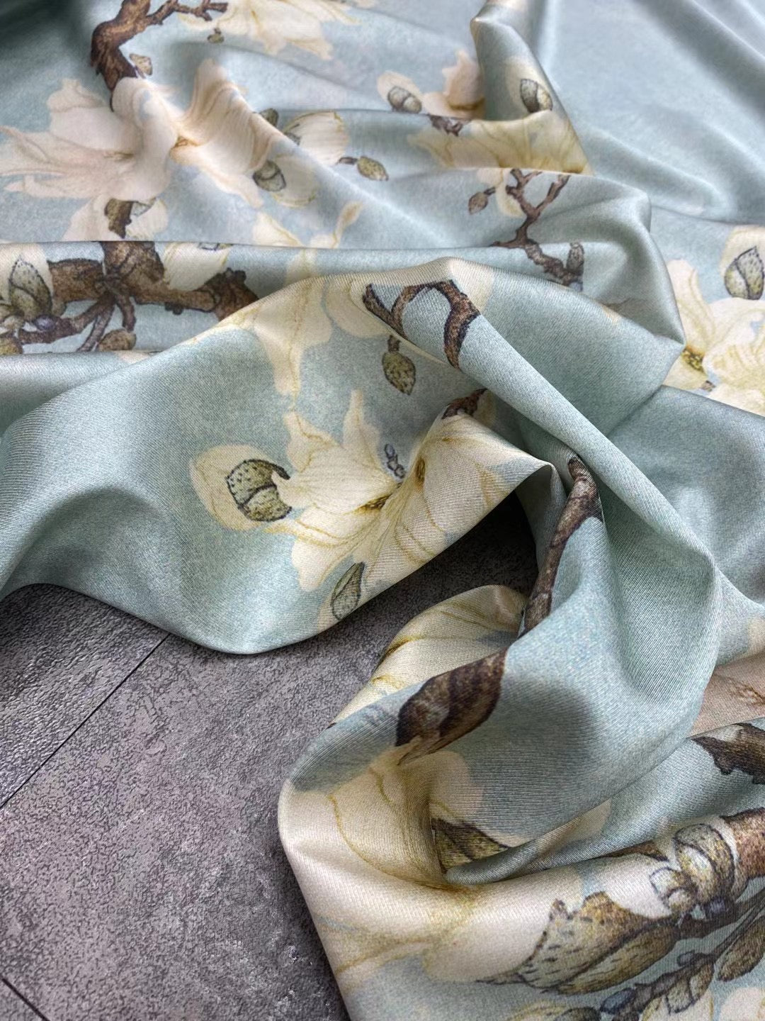 BUBLYL - 21 Momme Gray Blue Background Digital Print Stretch Silk Satin Fabric - 140cm wide by the Yard