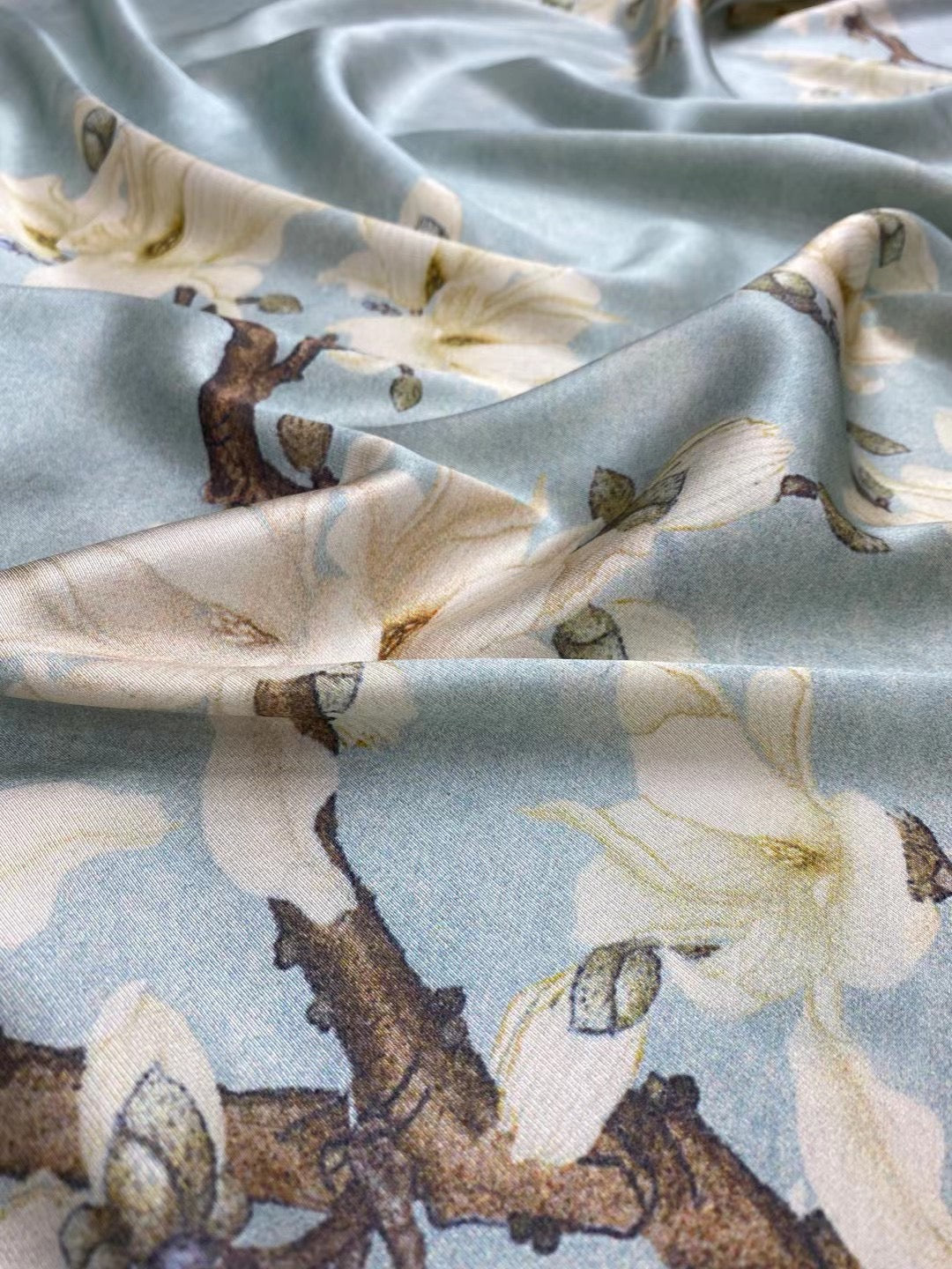 BUBLYL - 21 Momme Gray Blue Background Digital Print Stretch Silk Satin Fabric - 140cm wide by the Yard