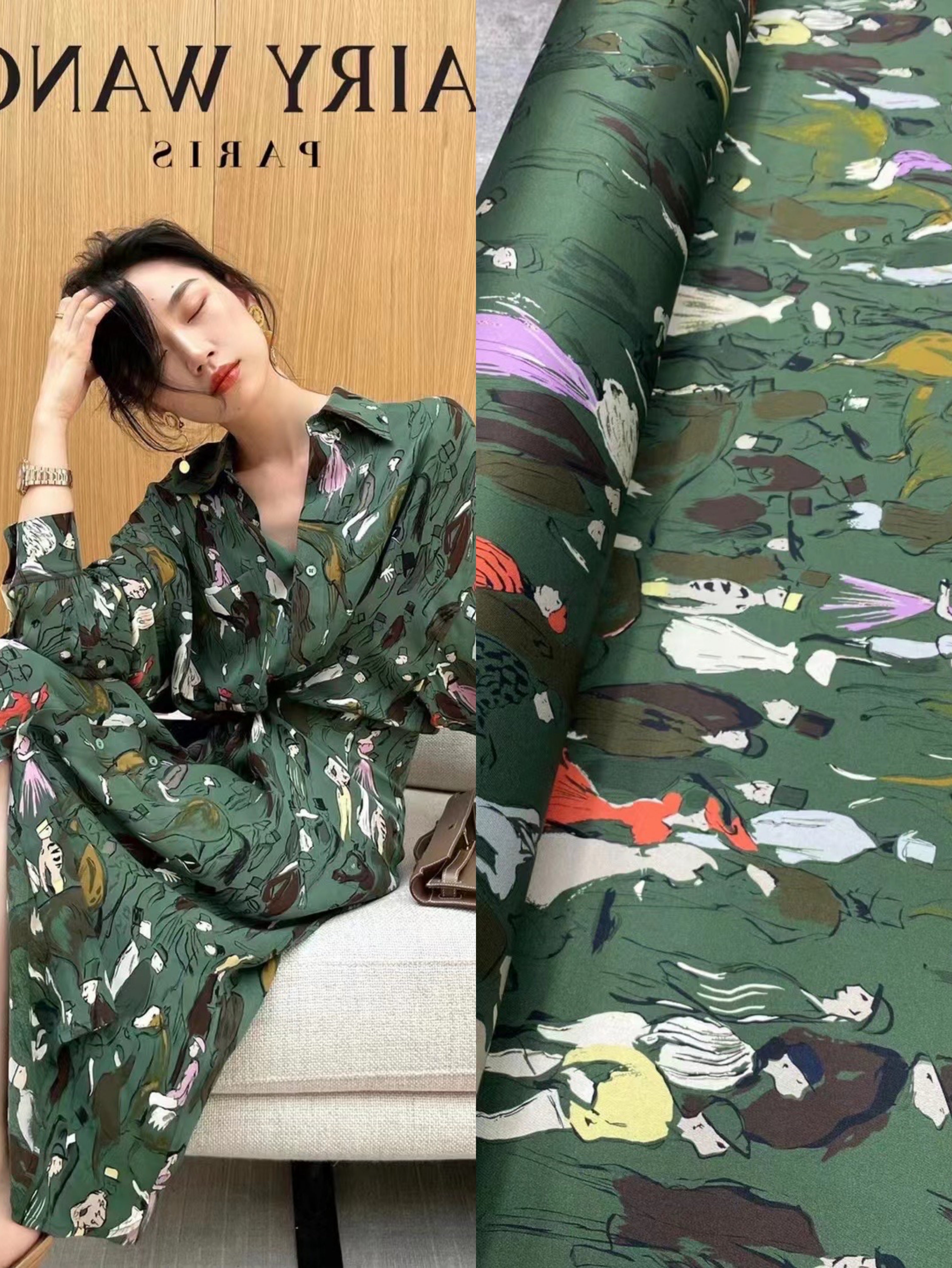 BUBMLR - 21 Momme Dark Green Character Digital Print Stretch Silk Satin Fabric - 140cm wide by the Yard