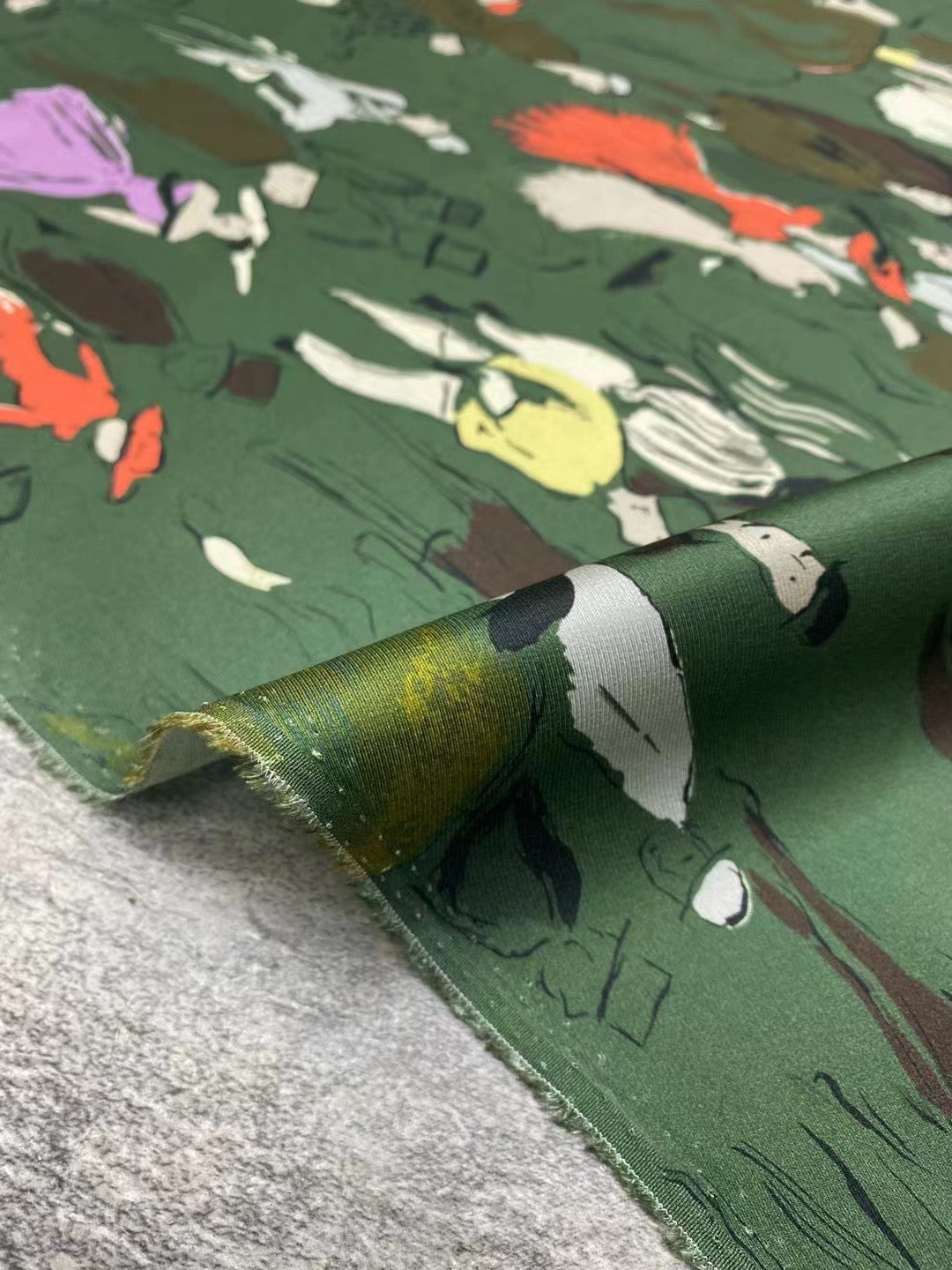 BUBMLR - 21 Momme Dark Green Character Digital Print Stretch Silk Satin Fabric - 140cm wide by the Yard