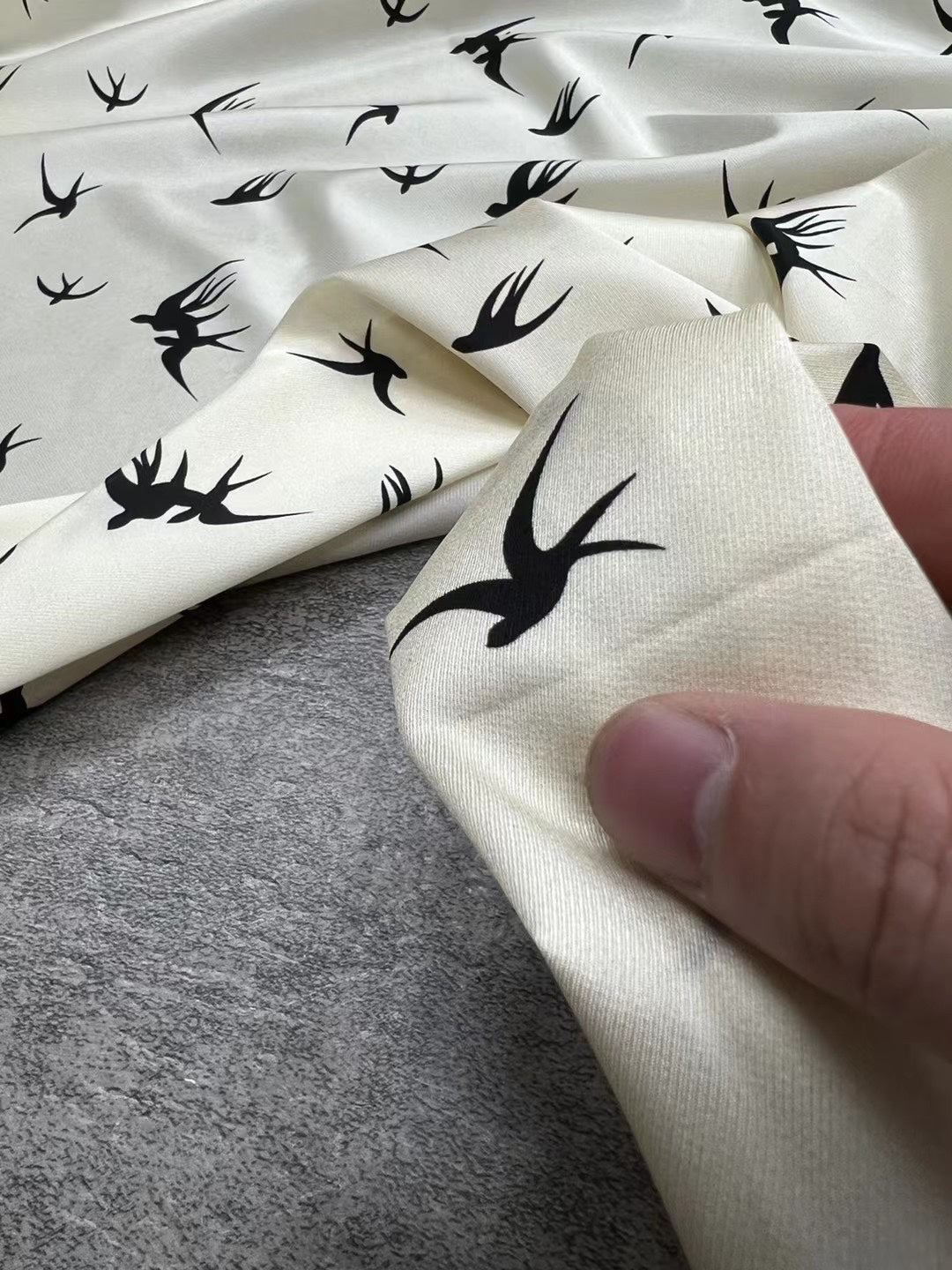 BUBXYZ - 21 Momme Beige Swallow Pattern Digital Print Stretch Silk Satin Fabric - 140cm wide by the Yard