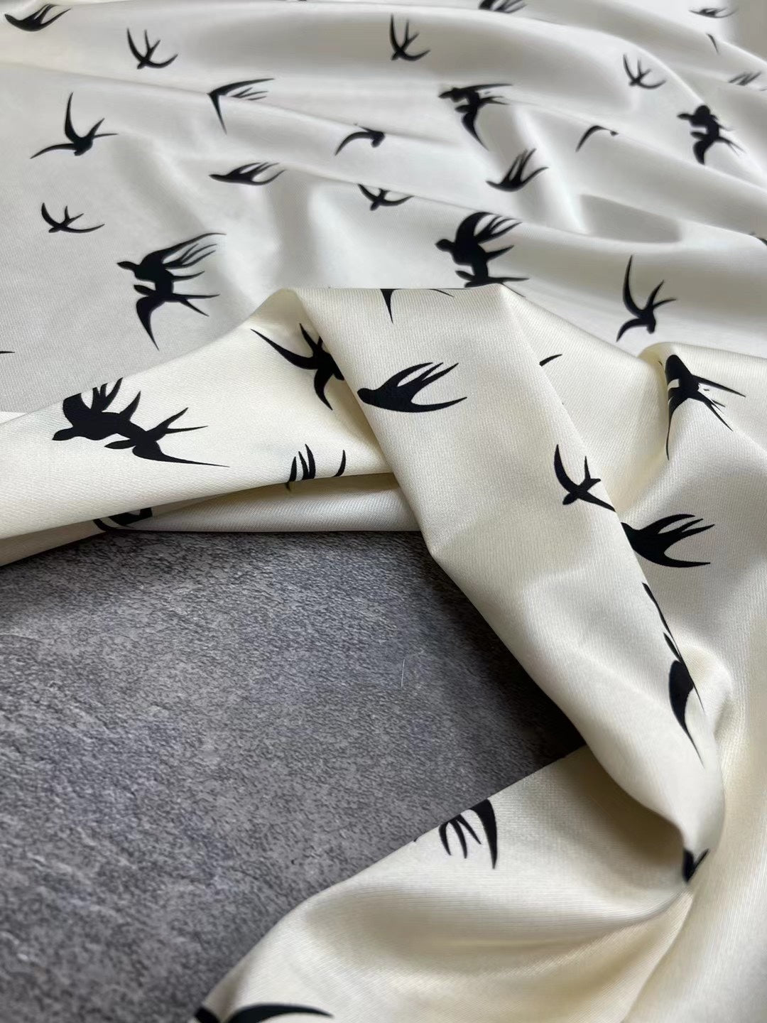 BUBXYZ - 21 Momme Beige Swallow Pattern Digital Print Stretch Silk Satin Fabric - 140cm wide by the Yard