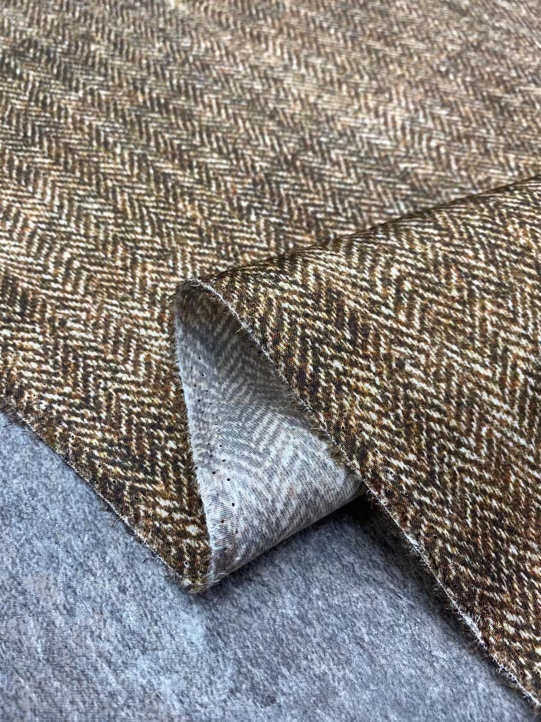 BUBYMS - 21 Momme Oatmeal Herringbone Digital Print Stretch Silk Satin Fabric - 140cm wide by the Yard