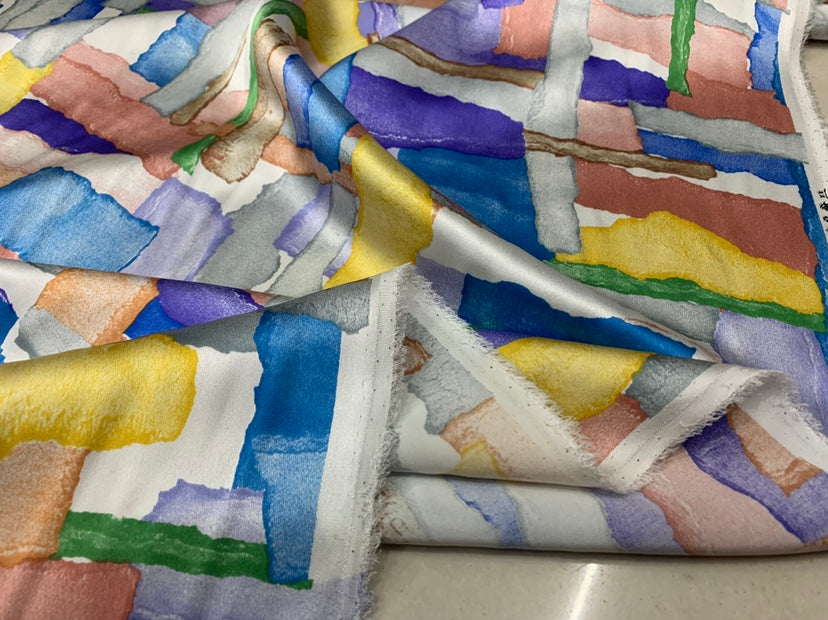 CANTIA - 28 Momme Colored Rectangle Pattern Digital Print Stretch Silk Satin Fabric - 114cm wide by the Yard