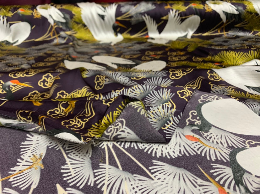 CHFENX - 19 Momme Beautiful Crane Pattern Digital Print Stretch Silk Satin Fabric - 140cm wide by the Yard