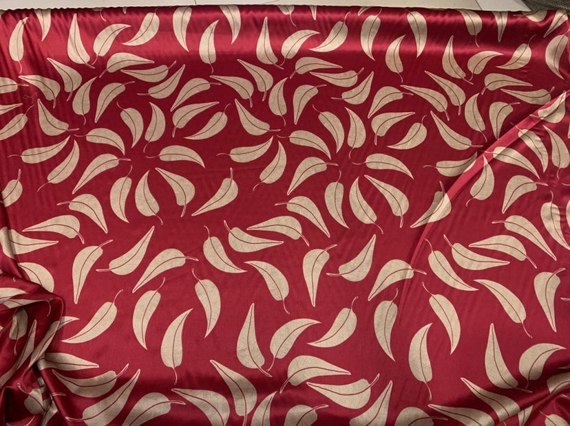 CHYEZX - 19 Momme Wine Red Background Leaves Pattern Digital Print Stretch Silk Satin Fabric - 140cm wide by the Yard
